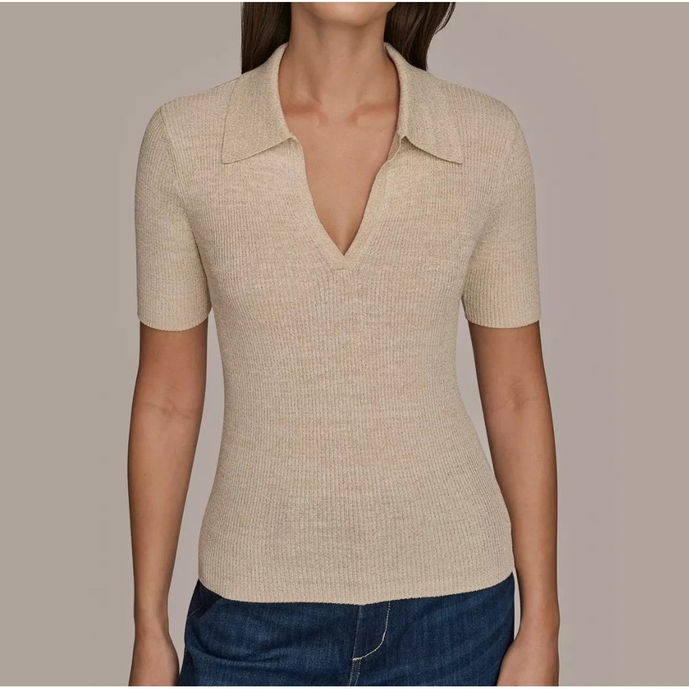 Donna Karan Weekend Women's Cotton Rib Elbow Sleeve Polo‎ Sweater Size L